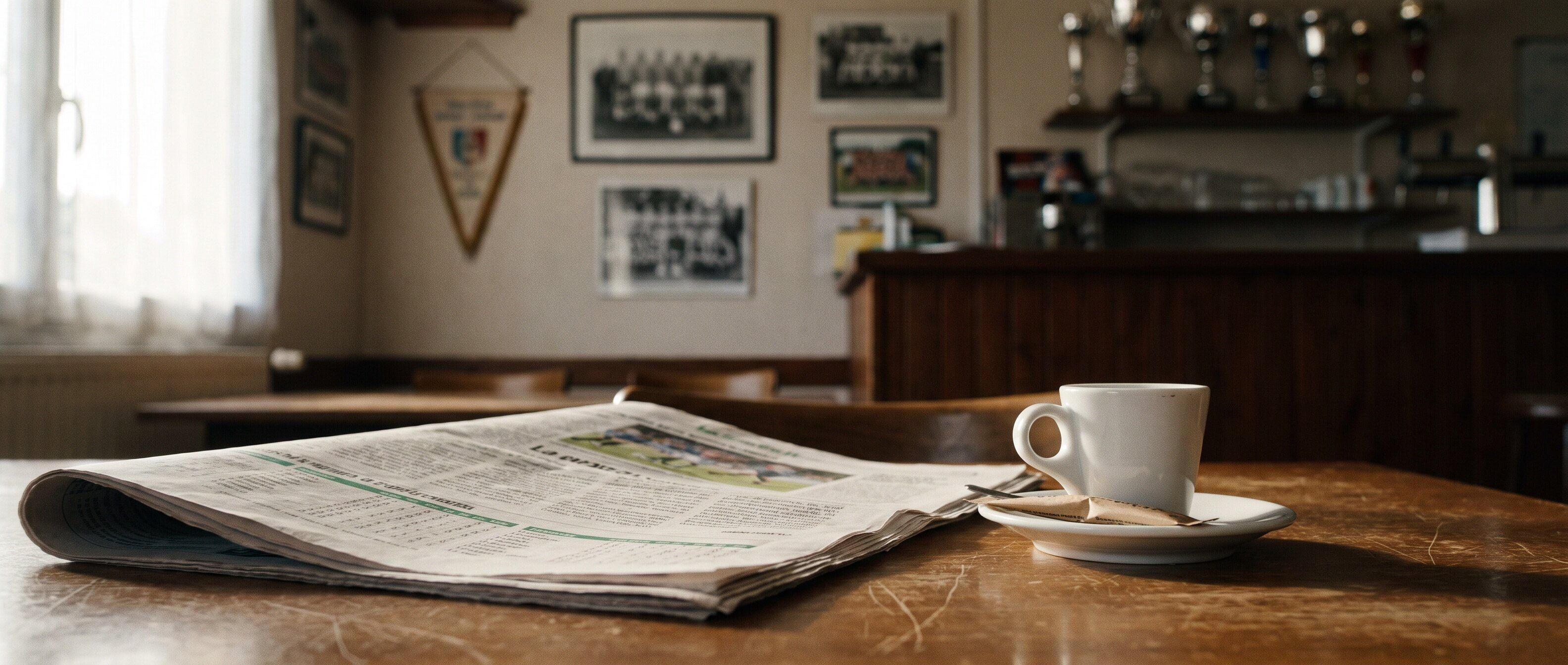 Le journal local ouvert à la page des résultats, sur une table de club-house, à côté d'un café